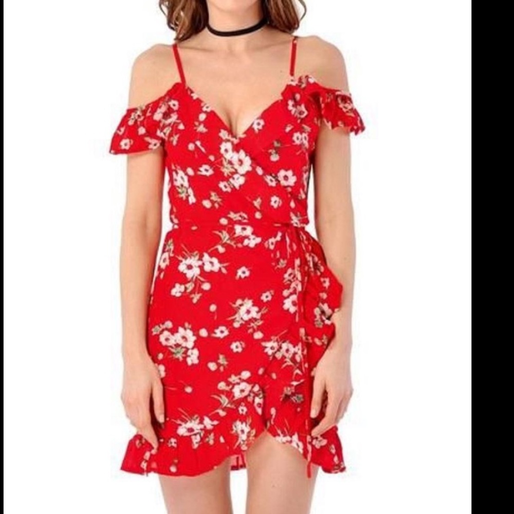 Red floral cold shoulder wrap dress